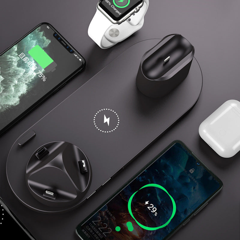 Keep your devices powered and organized with this sleek 6-in-1 charging dock station. Designed for iPhone, Apple Watch, AirPods, and more, this all-in-one wireless charging solution features fast charging, a compact design