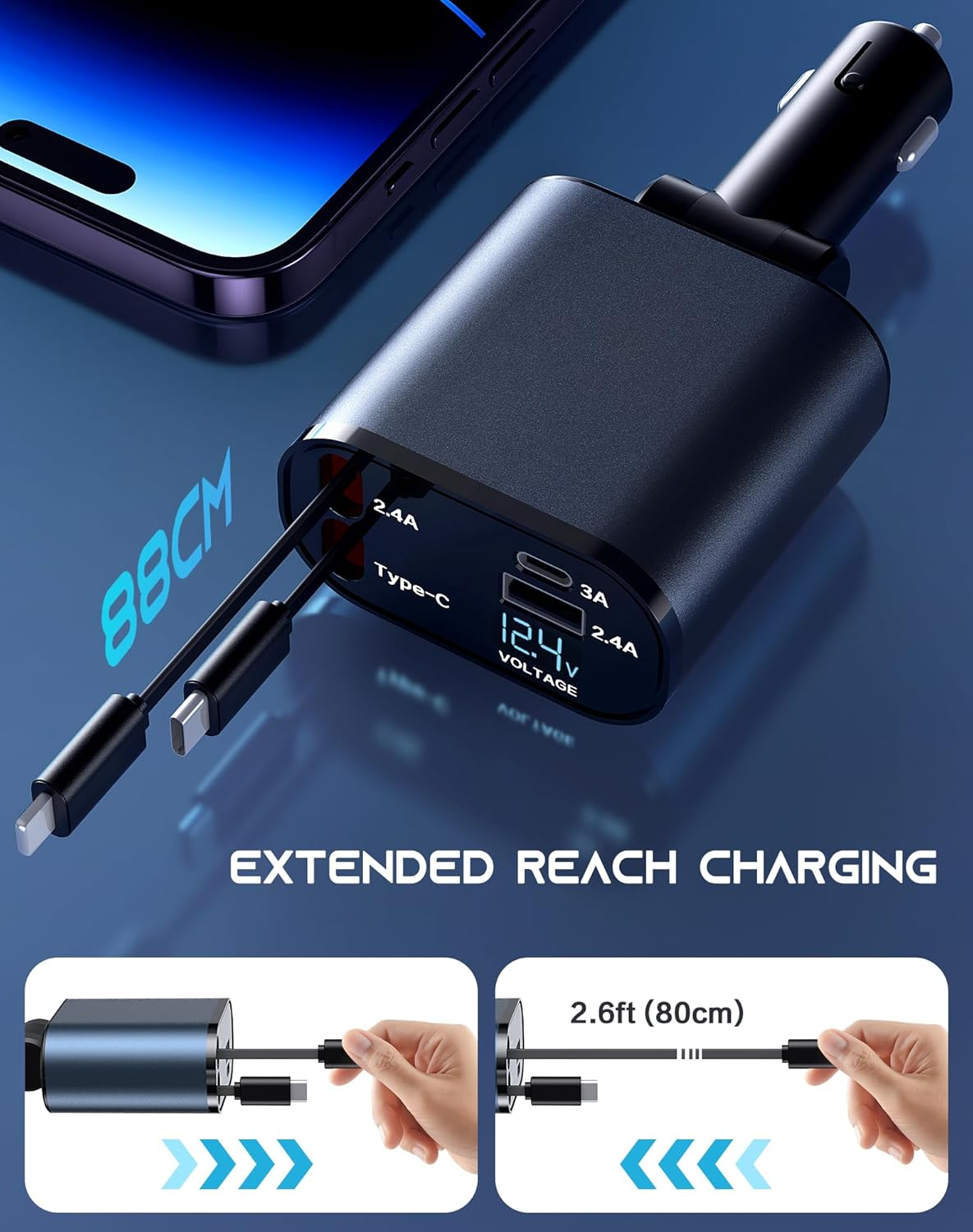 Retractable Car Charger 4 in 1 Fast Car Phone Charger 120W With USB