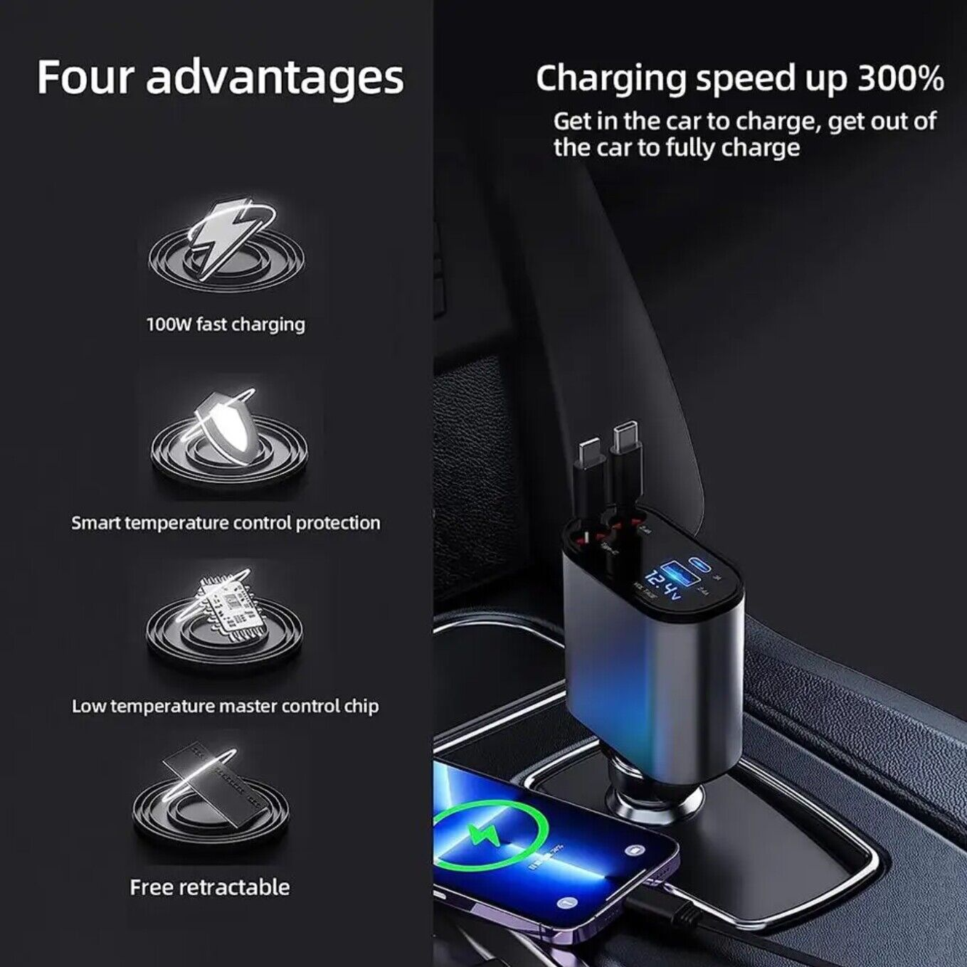 Retractable Car Charger 4 in 1 Fast Car Phone Charger 120W With USB