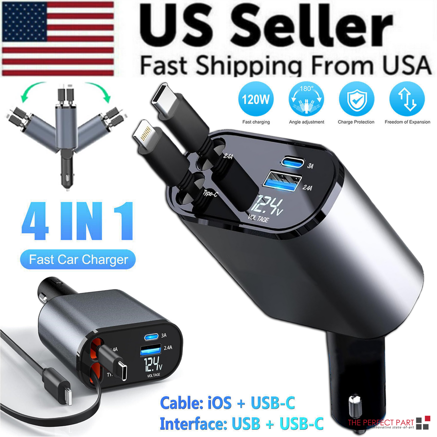 Retractable Car Charger 4 in 1 Fast Car Phone Charger 120W With USB