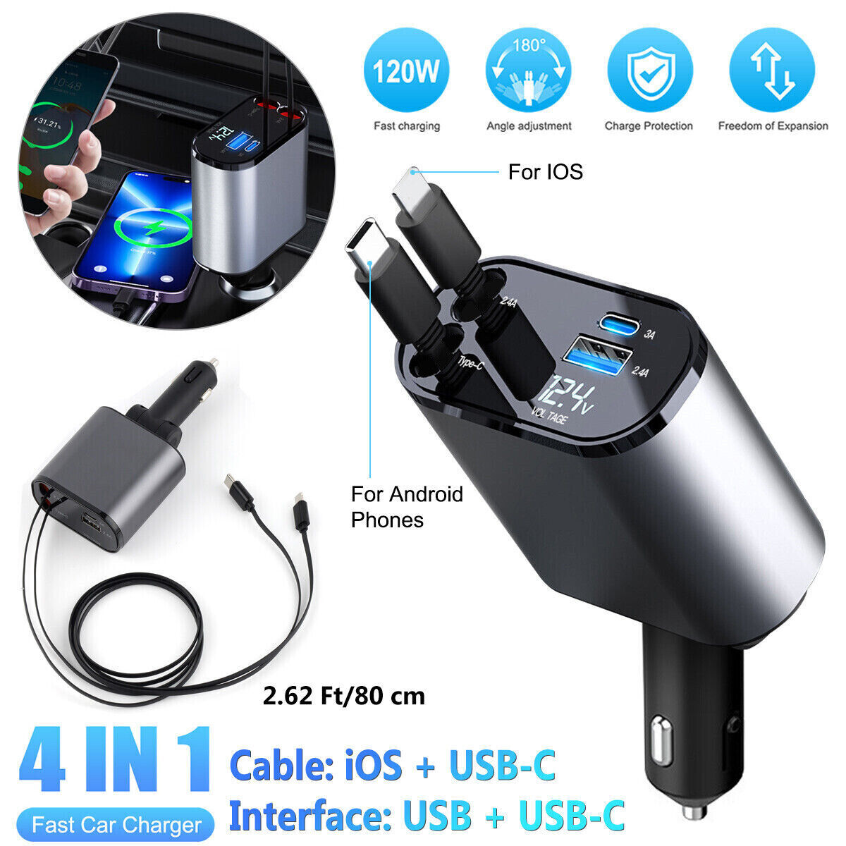 Retractable Car Charger 4 in 1 Fast Car Phone Charger 120W With USB