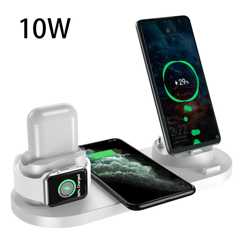 Keep your devices powered and organized with this sleek 6-in-1 charging dock station. Designed for iPhone, Apple Watch, AirPods, and more, this all-in-one wireless charging solution features fast charging, a compact design