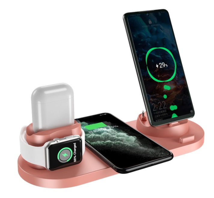 Keep your devices powered and organized with this sleek 6-in-1 charging dock station. Designed for iPhone, Apple Watch, AirPods, and more, this all-in-one wireless charging solution features fast charging, a compact design