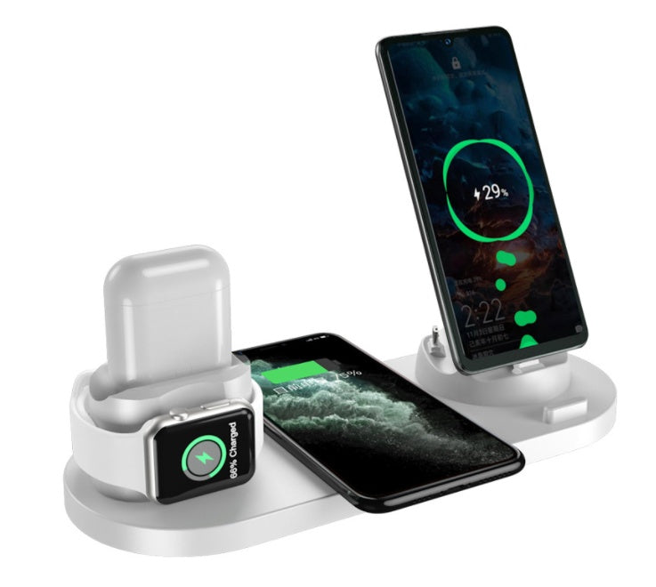 Keep your devices powered and organized with this sleek 6-in-1 charging dock station. Designed for iPhone, Apple Watch, AirPods, and more, this all-in-one wireless charging solution features fast charging, a compact design