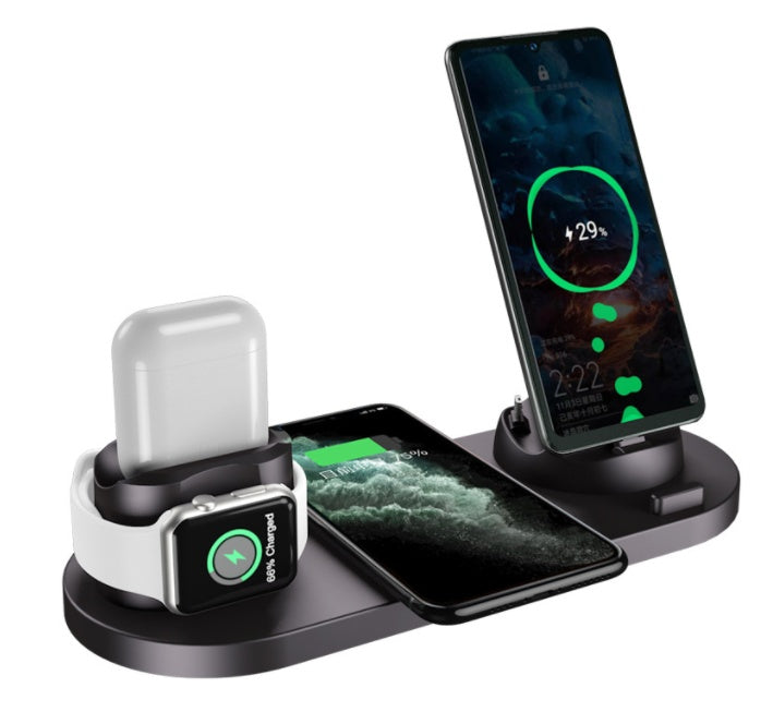 Keep your devices powered and organized with this sleek 6-in-1 charging dock station. Designed for iPhone, Apple Watch, AirPods, and more, this all-in-one wireless charging solution features fast charging, a compact design