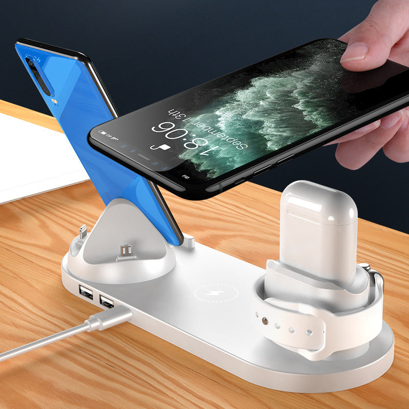 Keep your devices powered and organized with this sleek 6-in-1 charging dock station. Designed for iPhone, Apple Watch, AirPods, and more, this all-in-one wireless charging solution features fast charging, a compact design