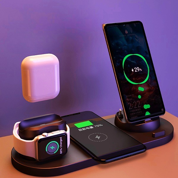 Keep your devices powered and organized with this sleek 6-in-1 charging dock station. Designed for iPhone, Apple Watch, AirPods, and more, this all-in-one wireless charging solution features fast charging, a compact design